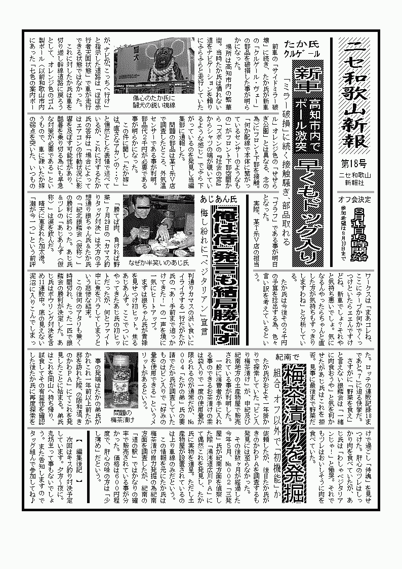 たか氏、新車をついにキズモノに・・・釣り対決でまたも敗北したあじあん氏、ベジタリアン宣言でプライド死守・・・ＮＷＯ共同